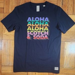 Scotch & Soda T-Shirt Men Sz L Black Aloha Gradient Artwork Rainbow Art